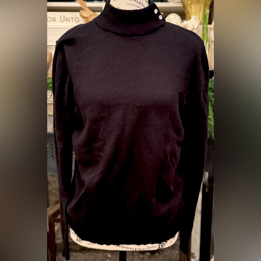 Liz Claiborne Vintage Black Cotton Cashmere Sweater Rhinestone Buttons Medium